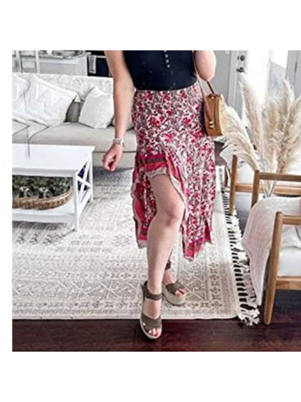 Fashion Pink Floral Long Skirt Elastic Waist Comfy Short Skirt - Picture 2 of 5